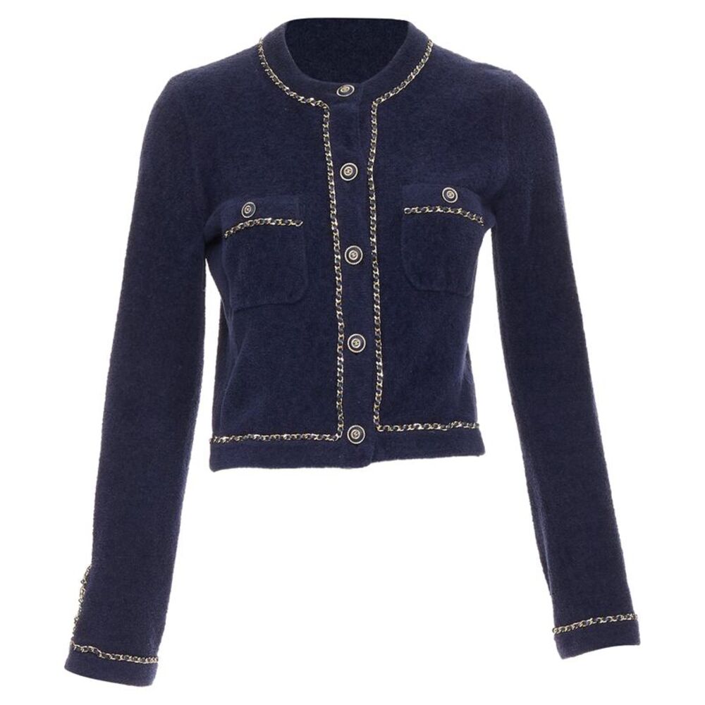 Chanel navy cotton terry leather chain trim cropped cardigan